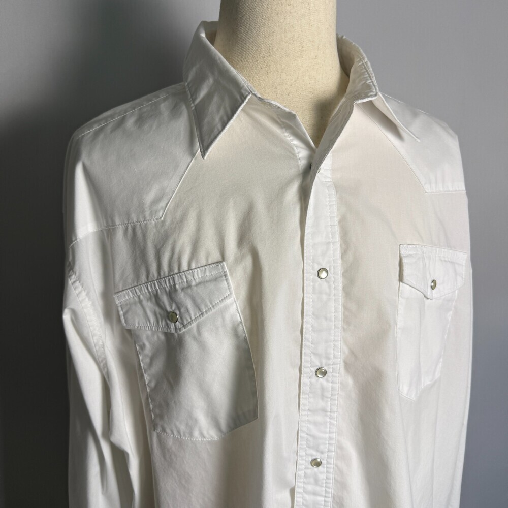 Wrangler Men XXL Western Shirt Solid White Pearl Snap Buttons Chest Pockets